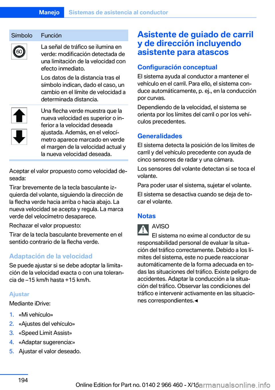 BMW 7 SERIES 2016 Manuales de Empleo (in Spanish) SímboloFunciónLa señal de tráfico se ilumina en
verde: modificación detectada de
una limitación de la velocidad con
efecto inmediato.
Los datos de la distancia tras el
símbolo indican, dado el BMW 7 SERIES 2016 Manuales de Empleo (in Spanish) SímboloFunciónLa señal de tráfico se ilumina en
verde: modificación detectada de
una limitación de la velocidad con
efecto inmediato.
Los datos de la distancia tras el
símbolo indican, dado el