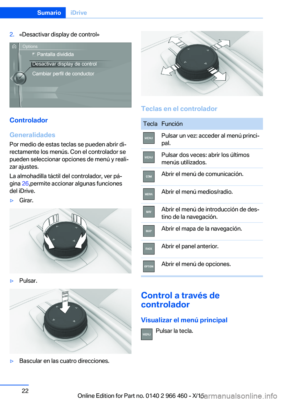 BMW 7 SERIES 2016  Manuales de Empleo (in Spanish) 2.«Desactivar display de control»
Controlador
Generalidades
Por medio de estas teclas se pueden abrir di‐
rectamente los menús. Con el controlador se
pueden seleccionar opciones de menú y reali