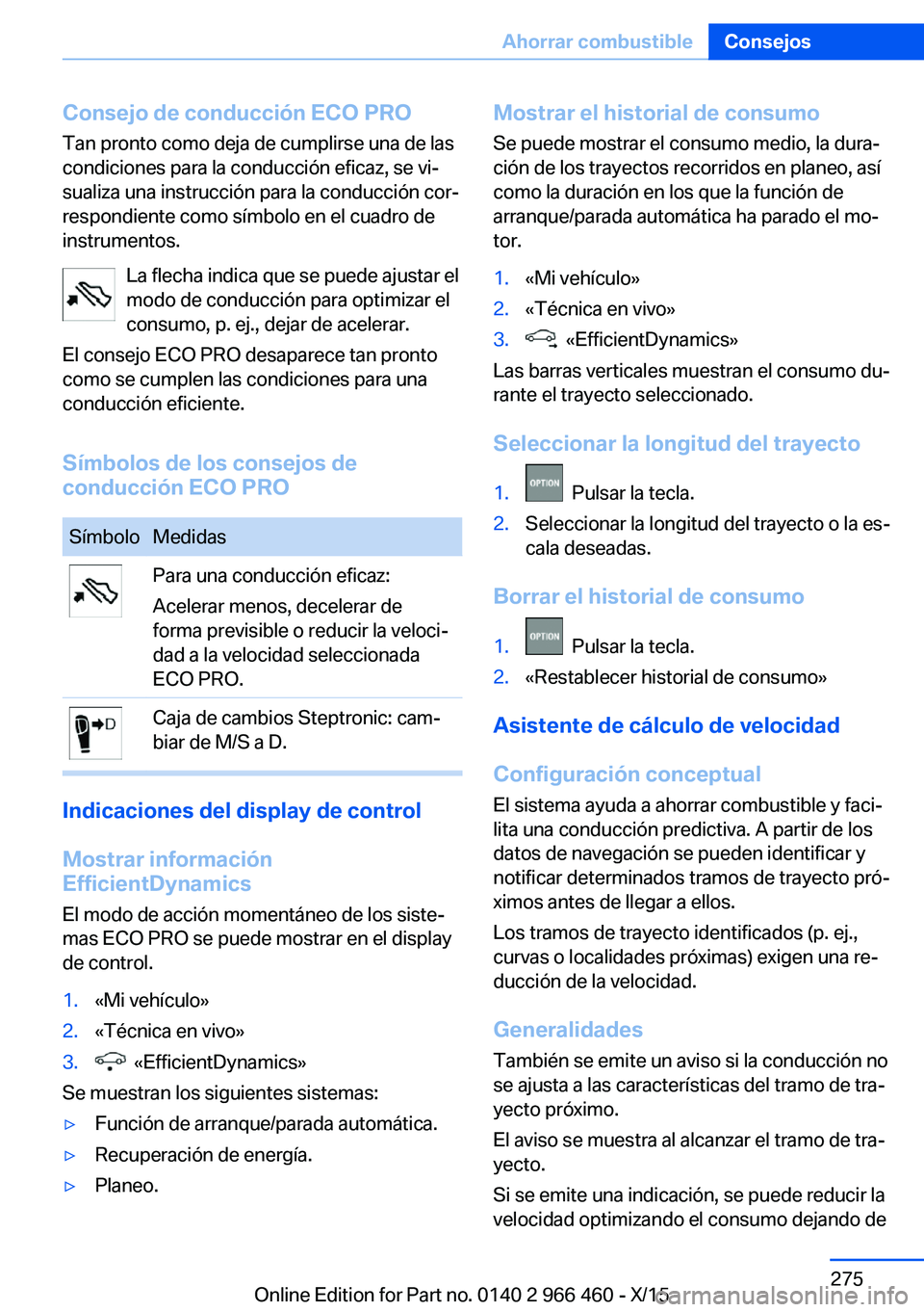 BMW 7 SERIES 2016  Manuales de Empleo (in Spanish) Consejo de conducción ECO PROTan pronto como deja de cumplirse una de las
condiciones para la conducción eficaz, se vi‐
sualiza una instrucción para la conducción cor‐
respondiente como símbo