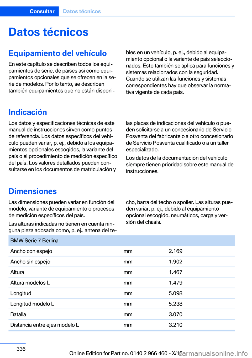 BMW 7 SERIES 2016 Manuales de Empleo (in Spanish) Datos técnicosEquipamiento del vehículoEn este capítulo se describen todos los equi‐
pamientos de serie, de países así como equi‐
pamientos opcionales que se ofrecen en la se‐
rie de modelo BMW 7 SERIES 2016 Manuales de Empleo (in Spanish) Datos técnicosEquipamiento del vehículoEn este capítulo se describen todos los equi‐
pamientos de serie, de países así como equi‐
pamientos opcionales que se ofrecen en la se‐
rie de modelo