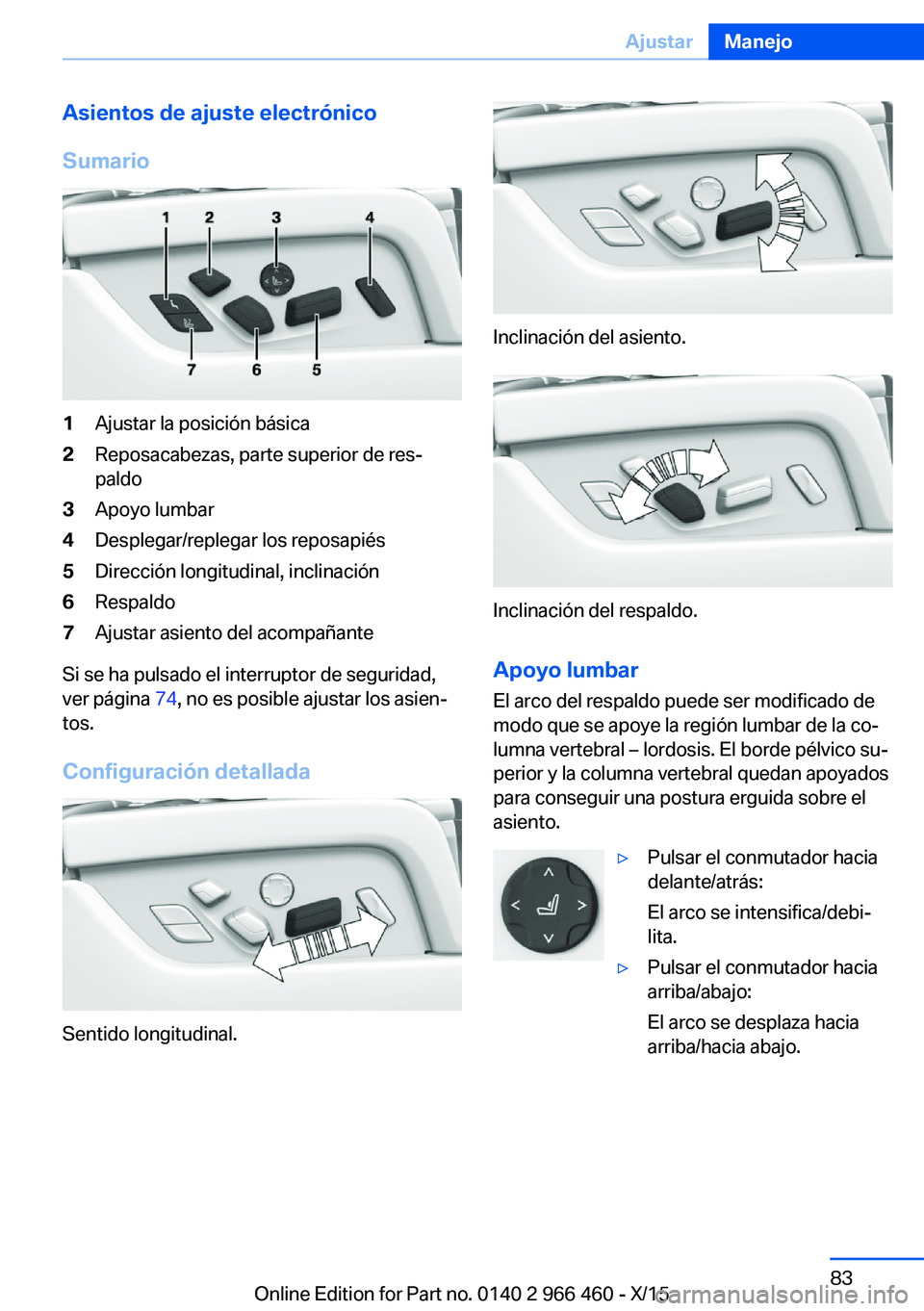BMW 7 SERIES 2016  Manuales de Empleo (in Spanish) Asientos de ajuste electrónico
Sumario1Ajustar la posición básica2Reposacabezas, parte superior de res‐
paldo3Apoyo lumbar4Desplegar/replegar los reposapiés5Dirección longitudinal, inclinación