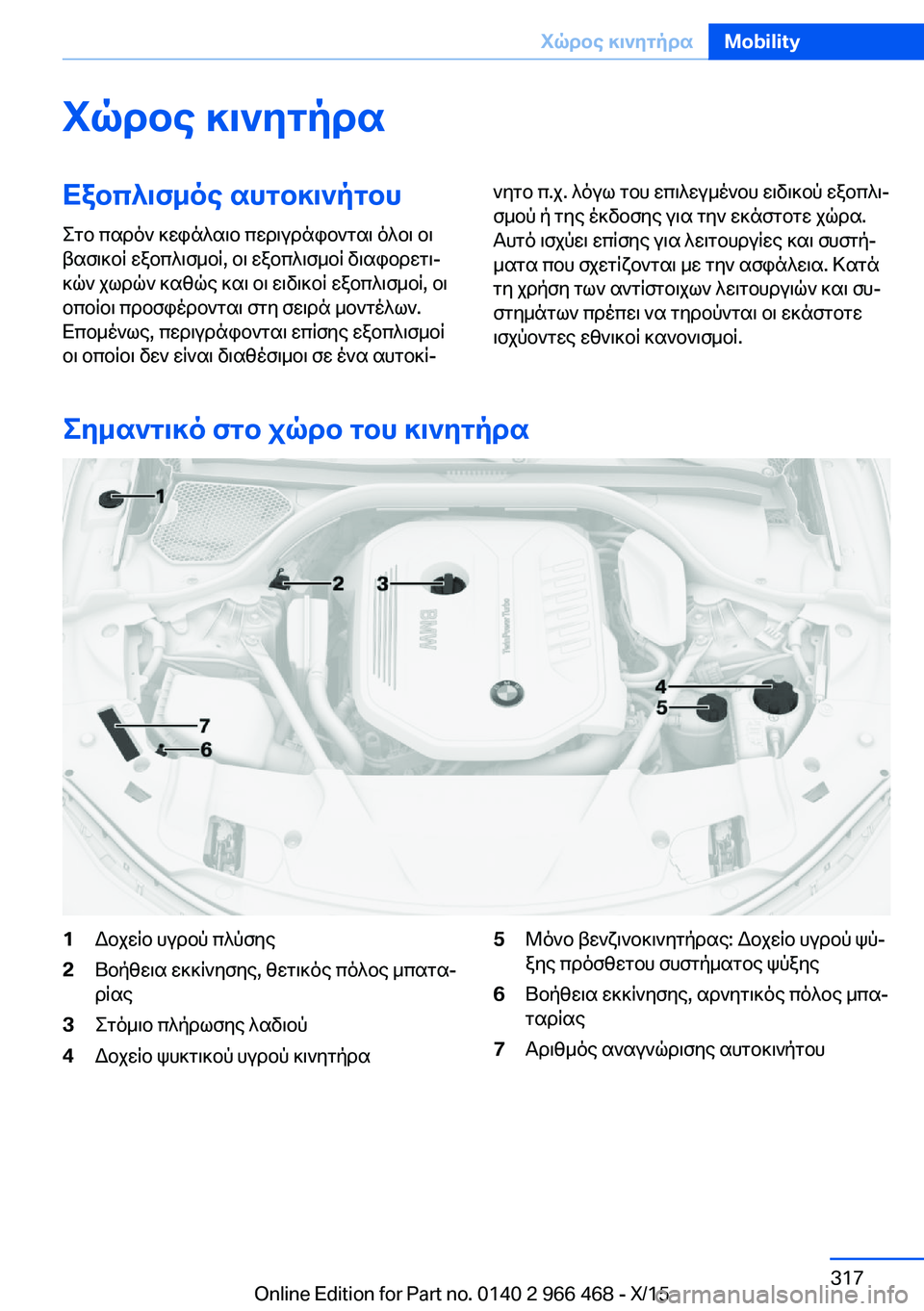 BMW 7 SERIES 2016  ΟΔΗΓΌΣ ΧΡΉΣΗΣ (in Greek) Χώρος κινητήραΕξοπλισμός αυτοκινήτου
Στο παρόν κεφάλαιο περιγράφονται όλοι οι
βασικοί εξοπλισμοί, οι εξοπλ