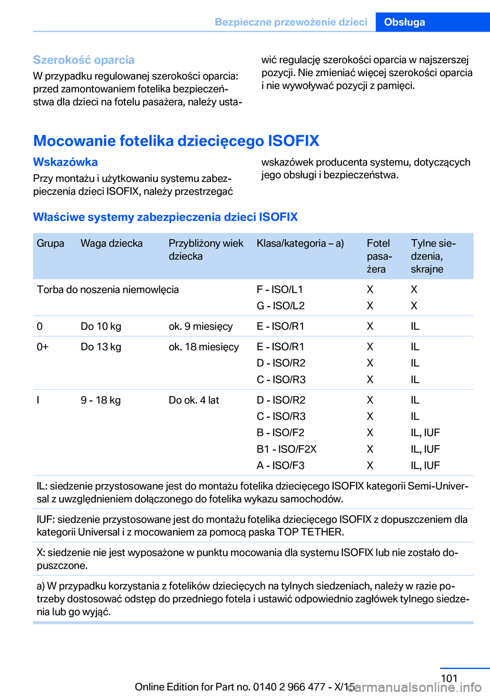 BMW 7 SERIES 2016  Instrukcja obsługi (in Polish) Szerokość oparciaW przypadku regulowanej szerokości oparcia:
przed zamontowaniem fotelika bezpieczeń‐
stwa dla dzieci na fotelu pasażera, należy usta‐wić regulację szerokości oparcia w na