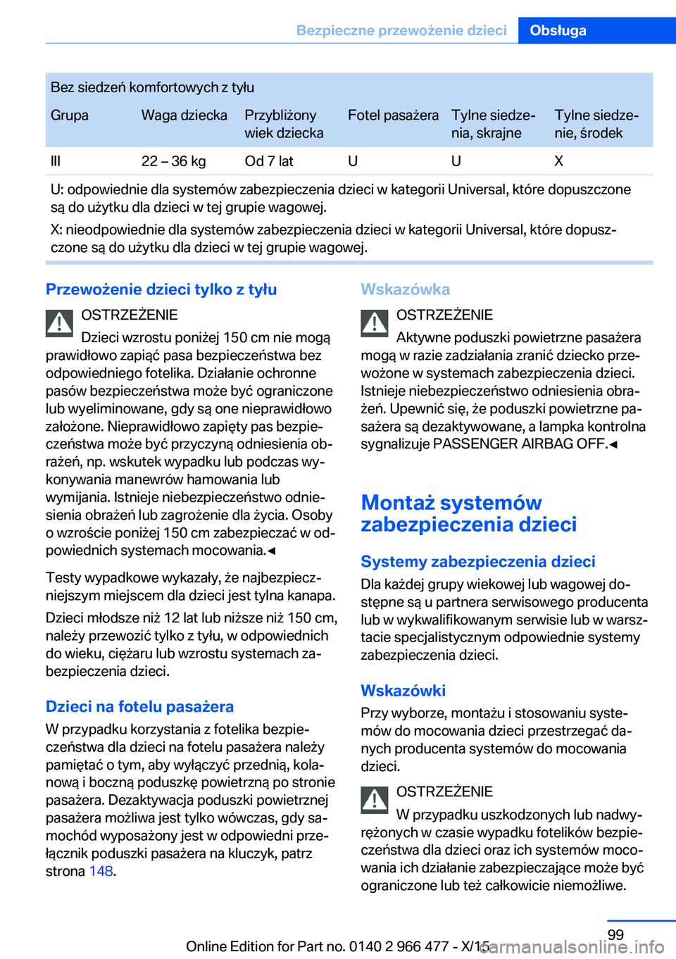BMW 7 SERIES 2016  Instrukcja obsługi (in Polish) Bez siedzeń komfortowych z tyłuGrupaWaga dzieckaPrzybliżony
wiek dzieckaFotel pasażeraTylne siedze‐
nia, skrajneTylne siedze‐
nie, środekIII22 – 36 kgOd 7 latUUXU: odpowiednie dla systemów