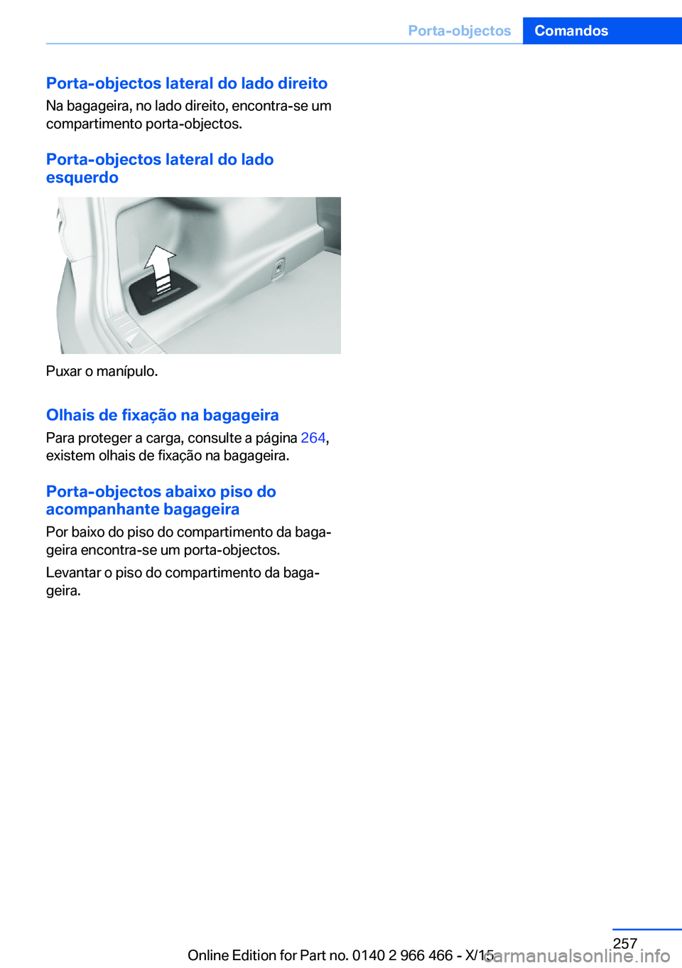 BMW 7 SERIES 2016  Manual do condutor (in Portuguese) Porta-objectos lateral do lado direito
Na bagageira, no lado direito, encontra-se um
compartimento porta-objectos.
Porta-objectos lateral do lado
esquerdo
Puxar o manípulo.
Olhais de fixação na bag
