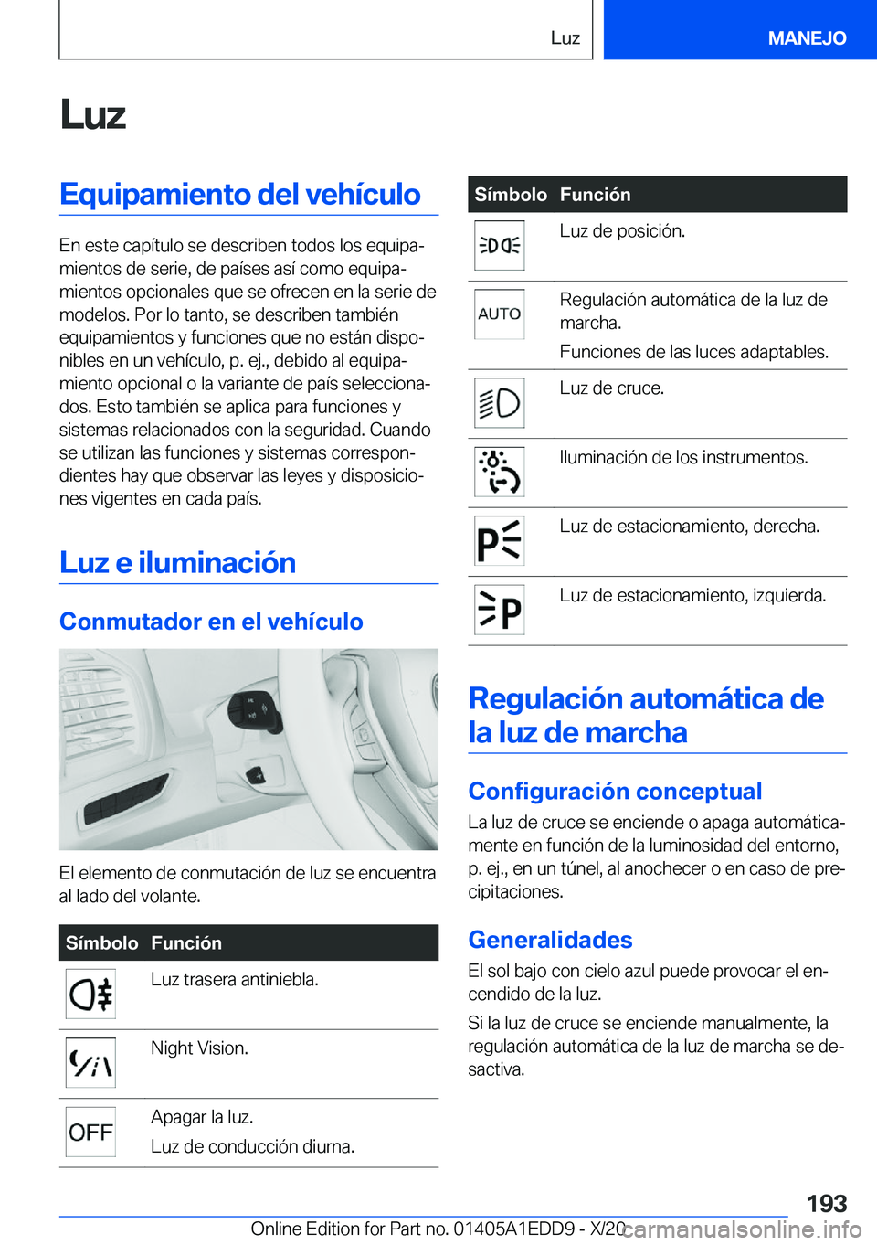 BMW 8 SERIES CONVERTIBLE 2021  Manuales de Empleo (in Spanish)  L u z E q u i p a m i e n t o  d e l  v e h 