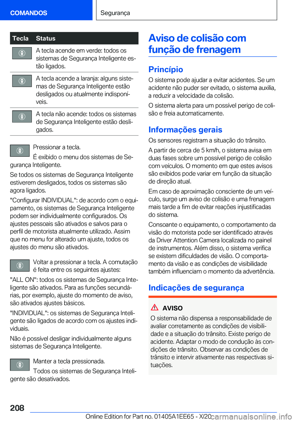 BMW 8 SERIES CONVERTIBLE 2021  Manual do condutor (in Portuguese) �T�e�c�l�a�S�t�a�t�u�s�A��t�e�c�l�a��a�c�e�n�d�e��e�m��v�e�r�d�e�:��t�o�d�o�s��o�s
�s�i�s�t�e�m�a�s��d�e��S�e�g�u�r�a�n�
