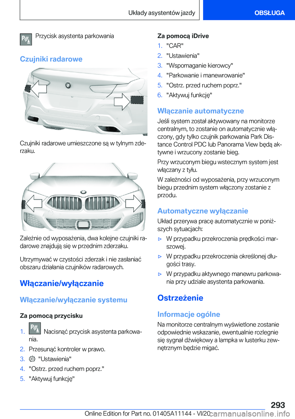 BMW 8 SERIES COUPE 2021  Instrukcja obsługi (in Polish) �P�r�z�y�c�i�s�k��a�s�y�s�t�e�n�t�a��p�a�r�k�o�w�a�n�i�a
�C�z�u�j�n�i�k�i��r�a�d�a�r�o�w�e
�C�z�u�j�n�i�k�i��r�a�d�a�r�o�w�e��u�m�i�e�s�z�c�z�o�n�e��s�