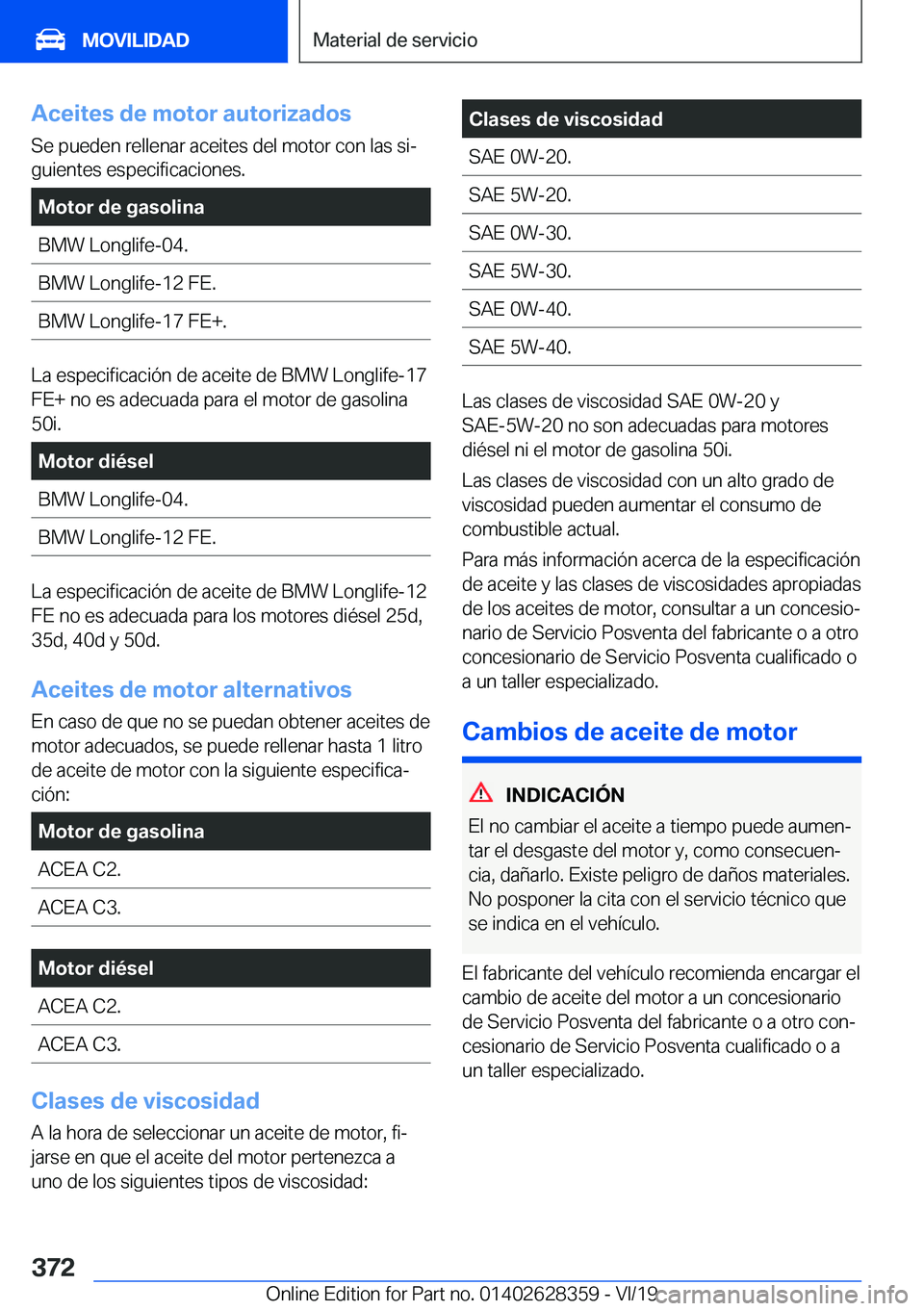 BMW 8 SERIES COUPE 2020  Manuales de Empleo (in Spanish) �A�c�e�i�t�e�s��d�e��m�o�t�o�r��a�u�t�o�r�i�z�a�d�o�s�S�e��p�u�e�d�e�n��r�e�l�l�e�n�a�r��a�c�e�i�t�e�s��d�e�l��m�o�t�o�r��c�o�n��l�a�s��s�iª
�g�u�i�e�n�t�e�s��e�s�p�e�c�i�f�i�c�a�c�i�o�n