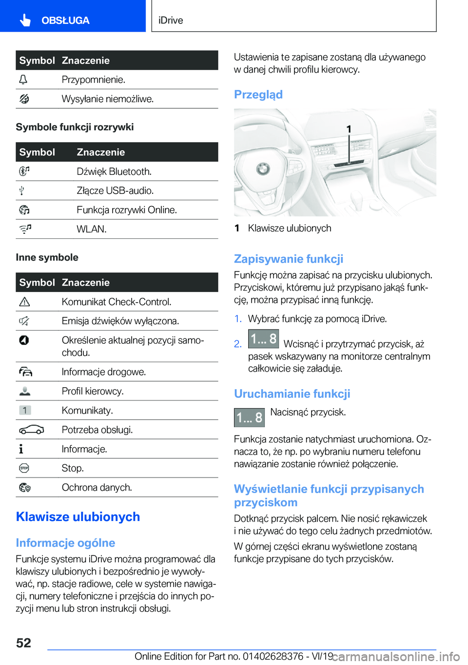 BMW 8 SERIES COUPE 2020  Instrukcja obsługi (in Polish) �S�y�m�b�o�l�Z�n�a�c�z�e�n�i�e��P�r�z�y�p�o�m�n�i�e�n�i�e�.��W�y�s�y�ł�a�n�i�e��n�i�e�m�o9�l�i�w�e�.
�S�y�m�b�o�l�e��f�u�n�k�c�j�i��r�o�z�r�y�w�k�i
�S�y�m�b�o�l�Z�n�a�c�z�e�n�i�e��D7�w�i�