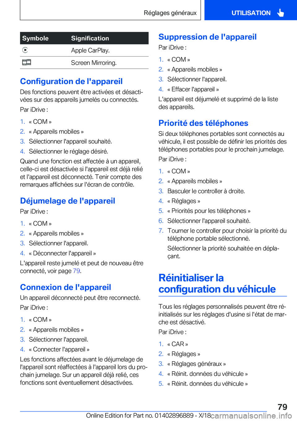 BMW 8 SERIES COUPE 2019  Notices Demploi (in French) �S�y�m�b�o�l�e�S�i�g�n�i�f�i�c�a�t�i�o�n�A�p�p�l�e��C�a�r�P�l�a�y�.�S�c�r�e�e�n��M�i�r�r�o�r�i�n�g�.
�C�o�n�f�i�g�u�r�a�t�i�o�n��d�e��l�'�a�p�p�a�r�e�i�l�D�e�s��f�o�n�c�t�i�o�n�s��p�e�u�v�e�