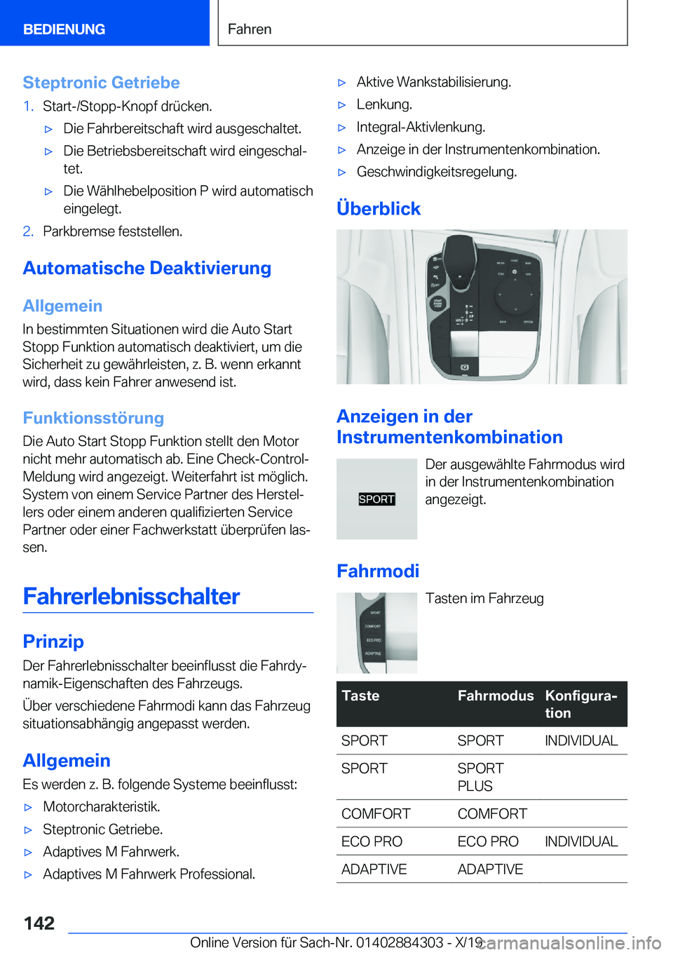 BMW 8 SERIES GRAN COUPE 2020  Betriebsanleitungen (in German) �S�t�e�p�t�r�o�n�i�c��G�e�t�r�i�e�b�e�1�.�S�t�a�r�t�-�/�S�t�o�p�p�-�K�n�o�p�f��d�r�