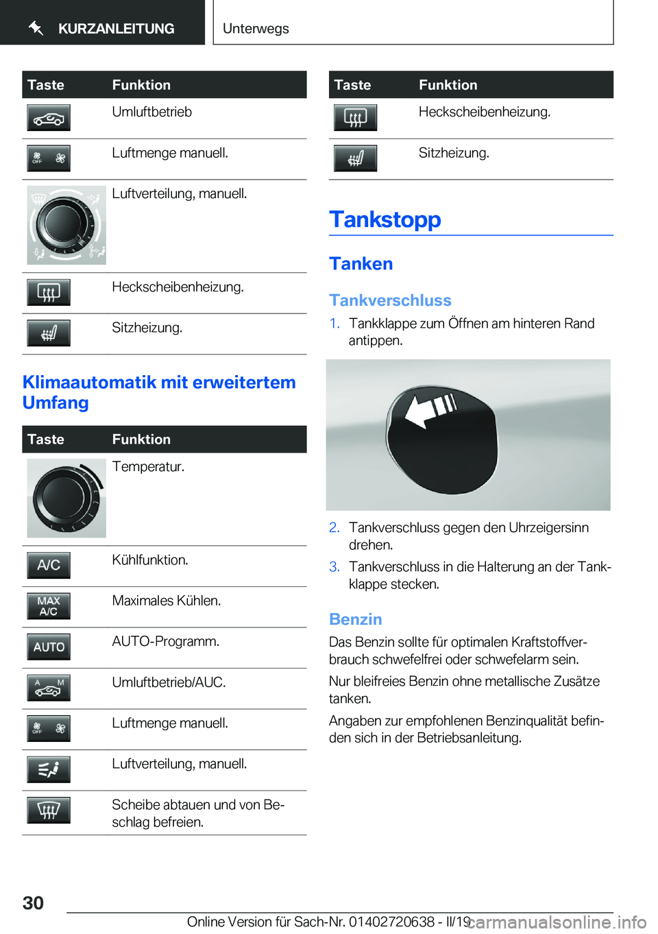 BMW M2 2020  Betriebsanleitungen (in German) �T�a�s�t�e�F�u�n�k�t�i�o�n�U�m�l�u�f�t�b�e�t�r�i�e�b�L�u�f�t�m�e�n�g�e��m�a�n�u�e�l�l�.�L�u�f�t�v�e�r�t�e�i�l�u�n�g�,��m�a�n�u�e�l�l�.�H�e�c�k�s�c�h�e�i�b�e�n�h�e�i�z�u�n�g�.�S�i�t�z�h�e�i�z�u�n�g�.