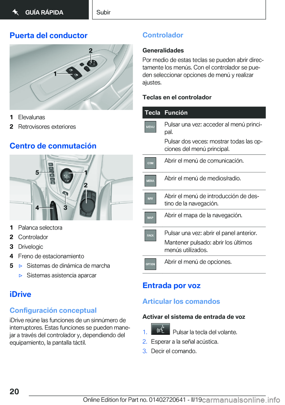 BMW M2 2020  Manuales de Empleo (in Spanish) �P�u�e�r�t�a��d�e�l��c�o�n�d�u�c�t�o�r�1�E�l�e�v�a�l�u�n�a�s�2�R�e�t�r�o�v�i�s�o�r�e�s��e�x�t�e�r�i�o�r�e�s
�C�e�n�t�r�o��d�e��c�o�n�m�u�t�a�c�i�