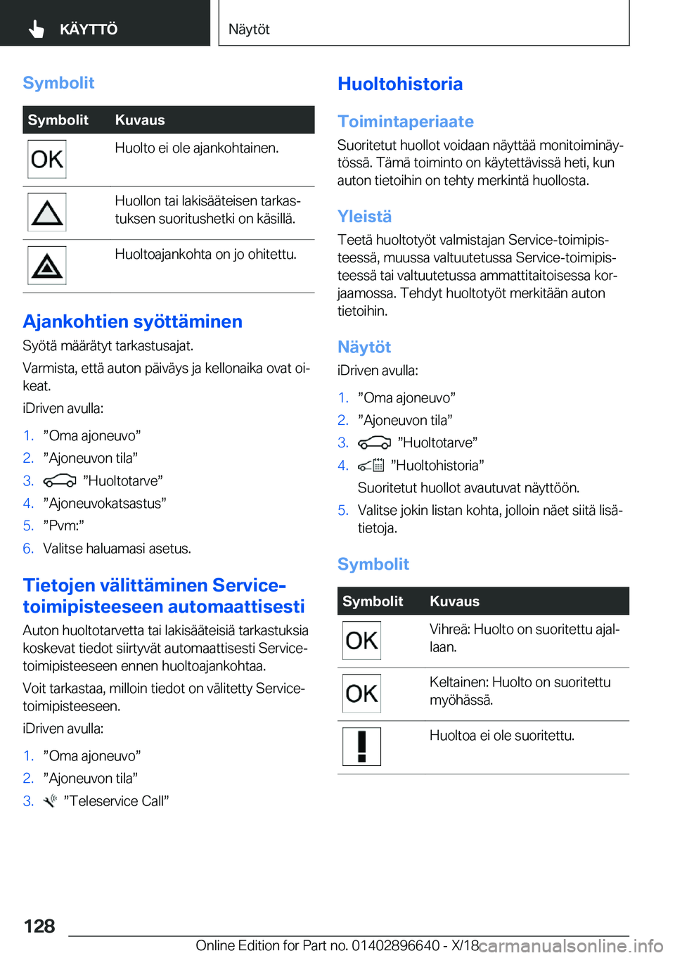 BMW M2 2019  Omistajan Käsikirja (in Finnish) �S�Z�m�b�o�l�i�t�S�Z�m�b�o�l�i�t�K�u�v�a�u�s�H�u�o�l�t�o��e�i��o�l�e��a�j�a�n�k�o�h�t�a�i�n�e�n�.�H�u�o�l�l�o�n��t�a�i��l�a�k�i�s�