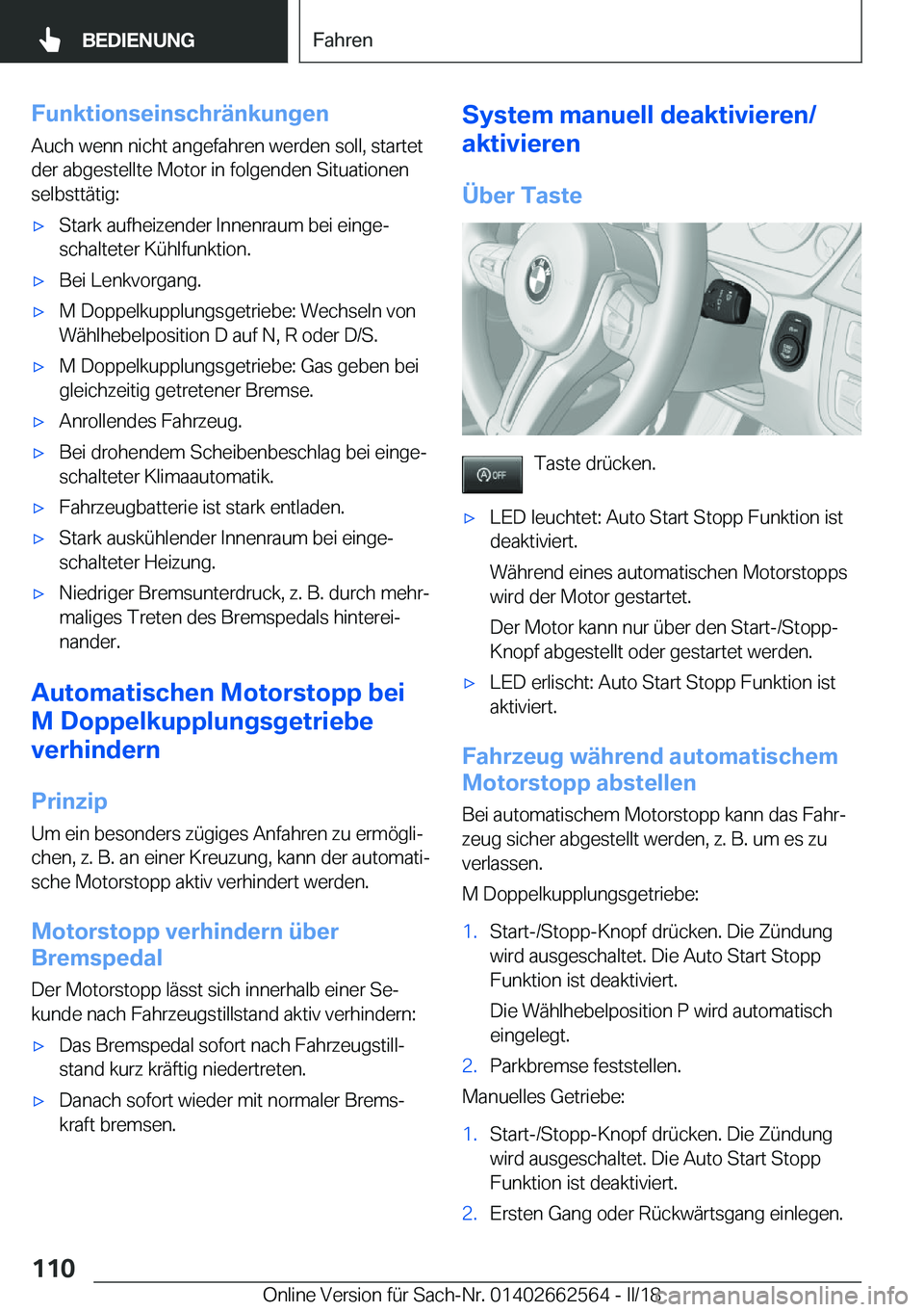 BMW M2 2018  Betriebsanleitungen (in German) �F�u�n�k�t�i�o�n�s�e�i�n�s�c�h�r�