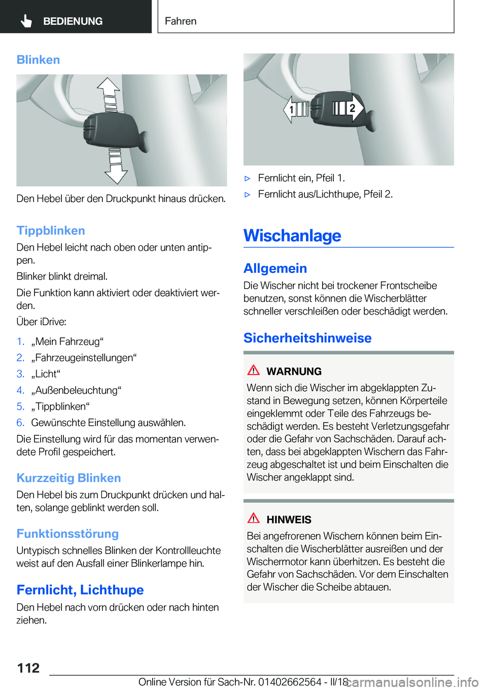 BMW M2 2018  Betriebsanleitungen (in German) �B�l�i�n�k�e�n
�D�e�n� �H�e�b�e�l� �