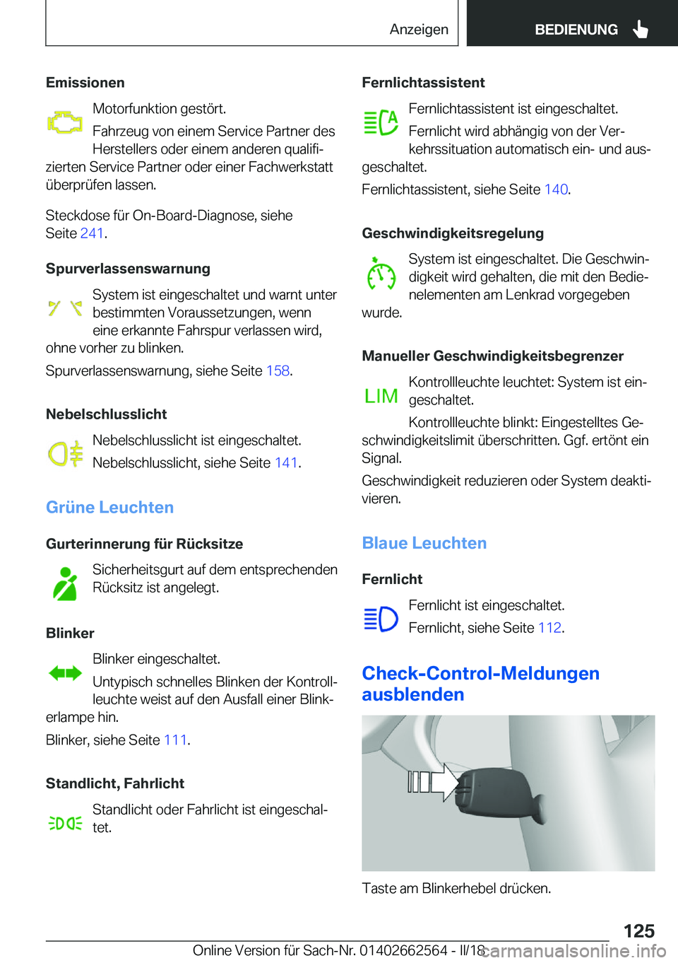 BMW M2 2018  Betriebsanleitungen (in German) �E�m�i�s�s�i�o�n�e�n�M�o�t�o�r�f�u�n�k�t�i�o�n� �g�e�s�t�