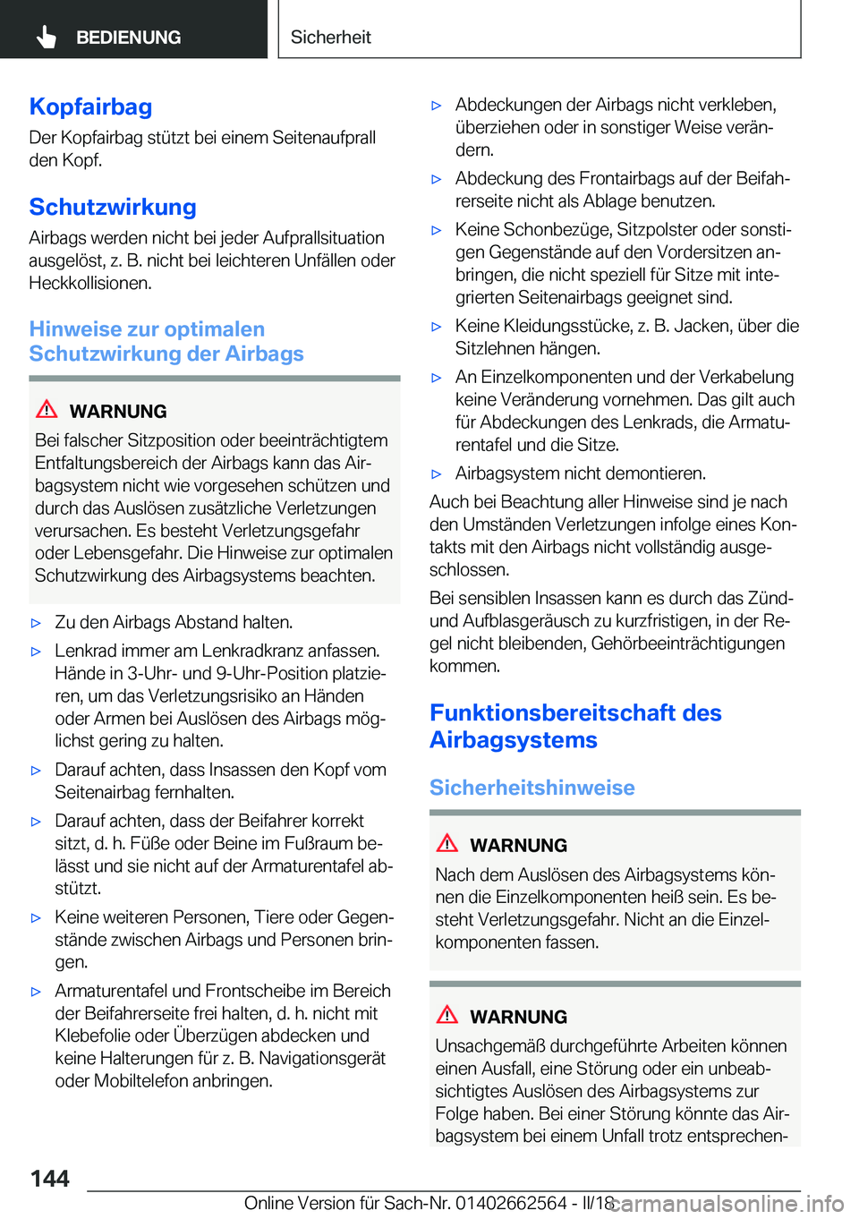 BMW M2 2018  Betriebsanleitungen (in German) �K�o�p�f�a�i�r�b�a�g�D�e�r� �K�o�p�f�a�i�r�b�a�g� �s�t�