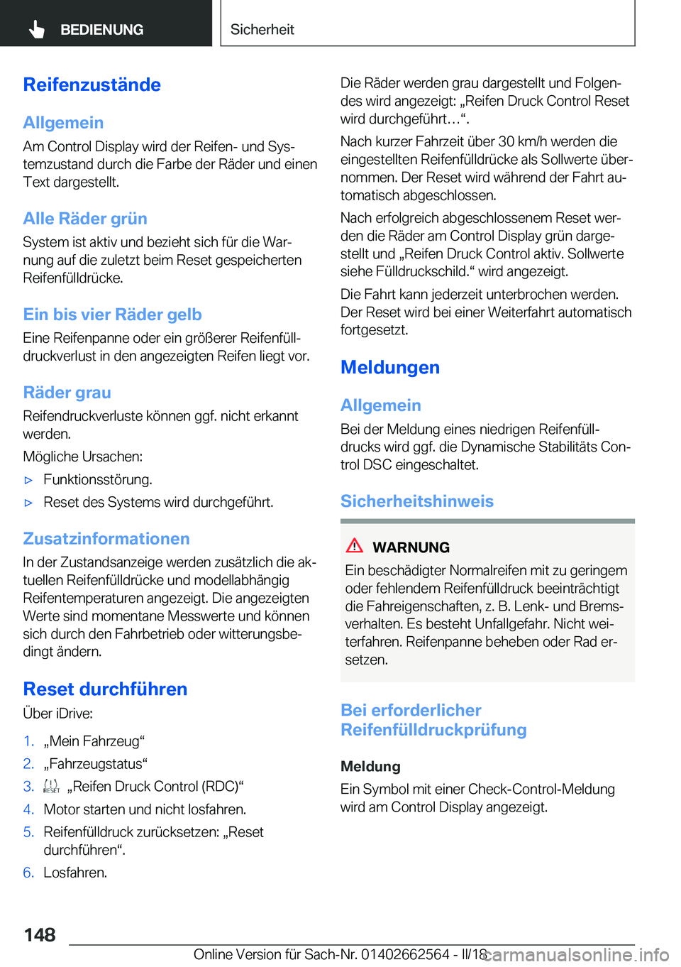 BMW M2 2018  Betriebsanleitungen (in German) �R�e�i�f�e�n�z�u�s�t�