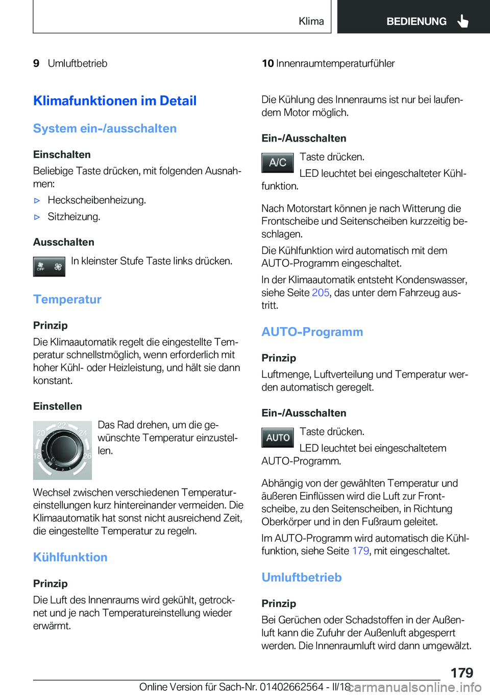 BMW M2 2018  Betriebsanleitungen (in German) �9�U�m�l�u�f�t�b�e�t�r�i�e�b�1�0�I�n�n�e�n�r�a�u�m�t�e�m�p�e�r�a�t�u�r�f�