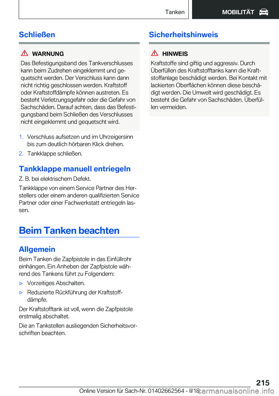 BMW M2 2018  Betriebsanleitungen (in German) �S�c�h�l�i�e�