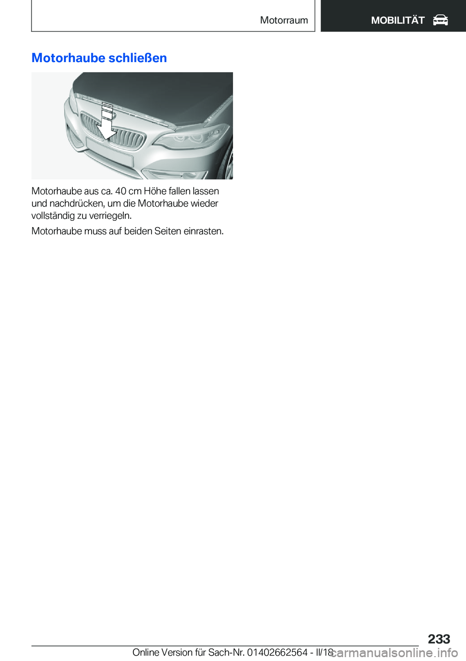 BMW M2 2018  Betriebsanleitungen (in German) �M�o�t�o�r�h�a�u�b�e��s�c�h�l�i�e�