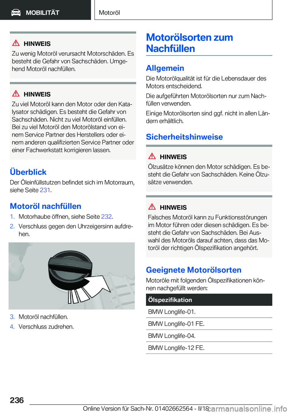 BMW M2 2018  Betriebsanleitungen (in German) �H�I�N�W�E�I�S
�Z�u� �w�e�n�i�g� �M�o�t�o�r�