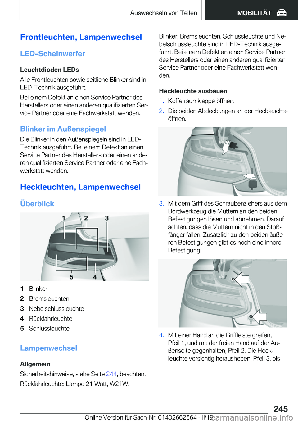 BMW M2 2018  Betriebsanleitungen (in German) �F�r�o�n�t�l�e�u�c�h�t�e�n�,��L�a�m�p�e�n�w�e�c�h�s�e�l
�L�E�D�-�S�c�h�e�i�n�w�e�r�f�e�r �L�e�u�c�h�t�d�i�o�d�e�n��L�E�D�s
�A�l�l�e� �F�r�o�n�t�l�e�u�c�h�t�e�n� �s�o�w�i�e� �s�e�i�t�l�i�c�h�e� �B�l�