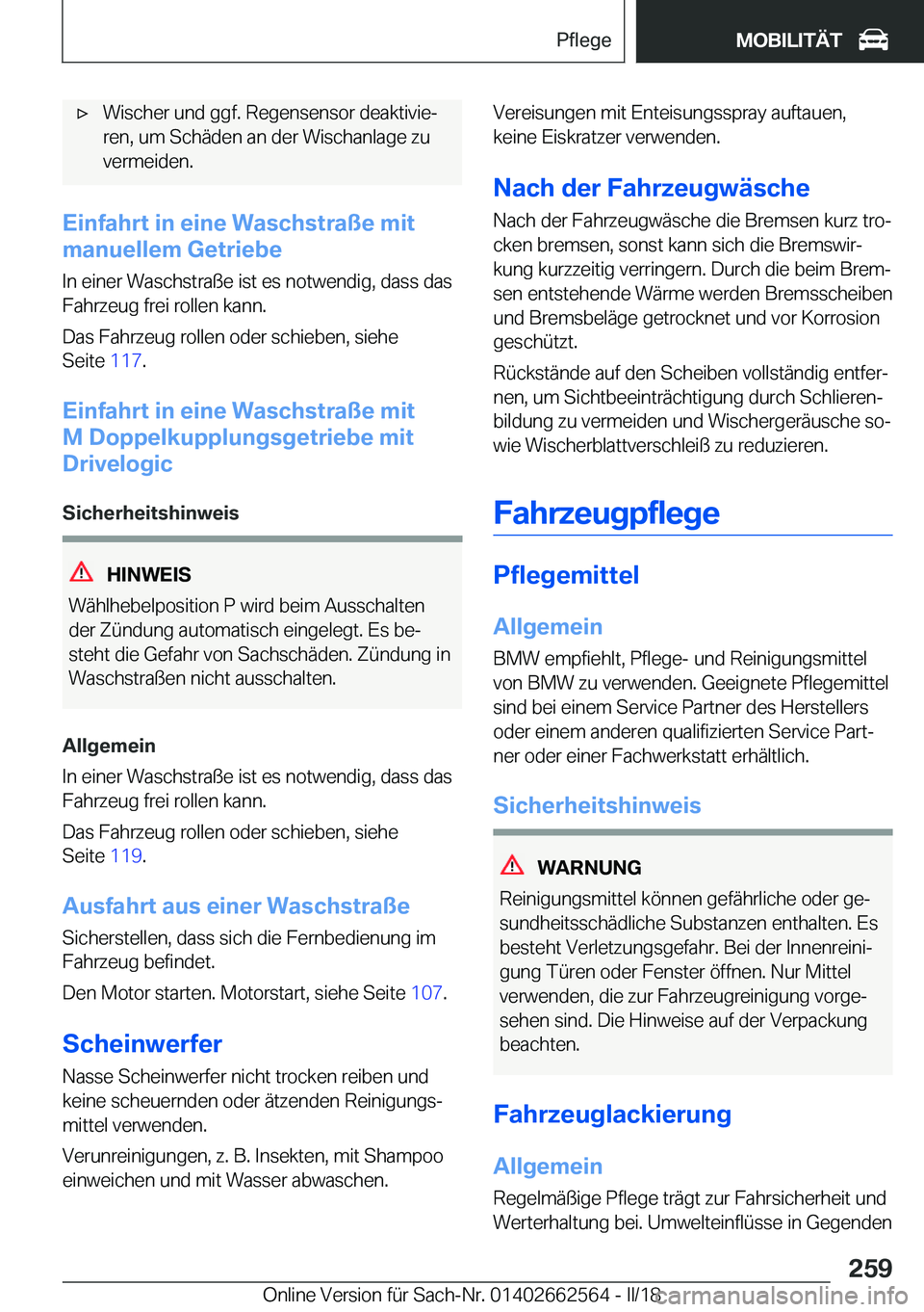 BMW M2 2018  Betriebsanleitungen (in German) 'x�W�i�s�c�h�e�r� �u�n�d� �g�g�f�.� �R�e�g�e�n�s�e�n�s�o�r� �d�e�a�k�t�i�v�i�ej�r�e�n�,� �u�m� �S�c�h�