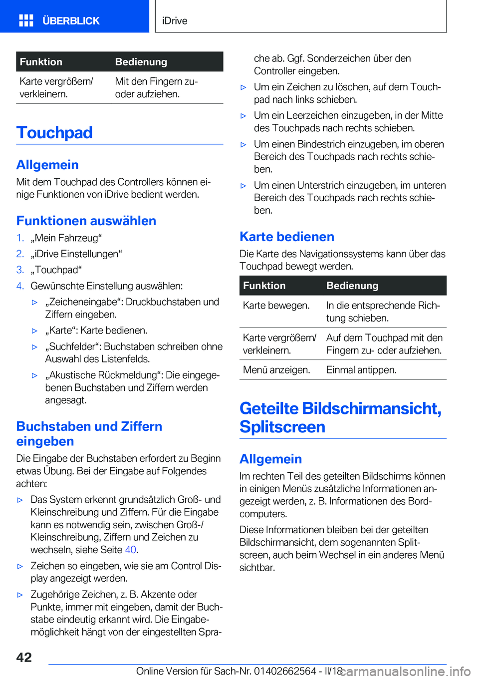 BMW M2 2018  Betriebsanleitungen (in German) �F�u�n�k�t�i�o�n�B�e�d�i�e�n�u�n�g�K�a�r�t�e� �v�e�r�g�r�