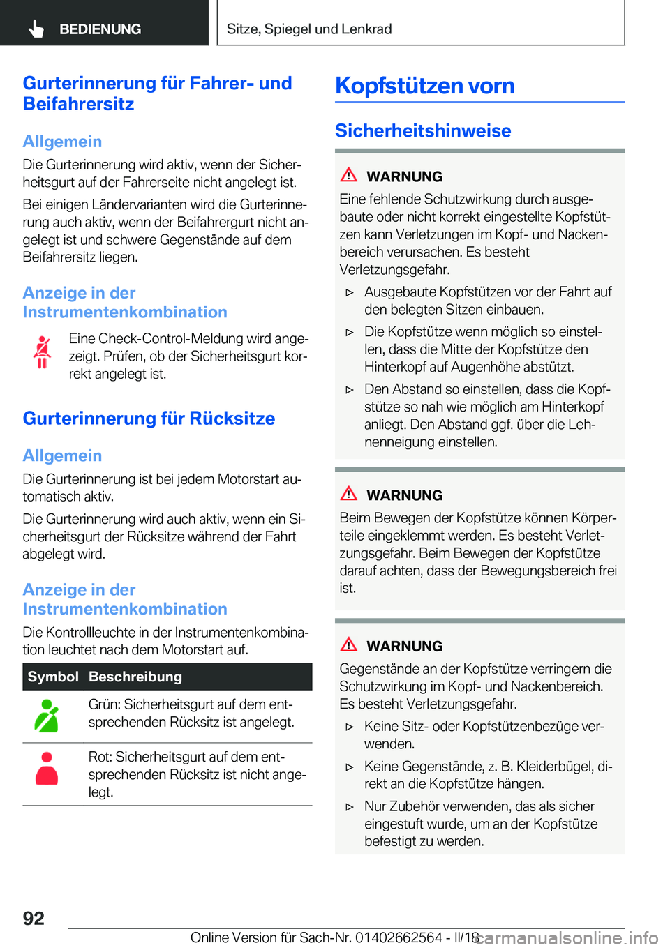 BMW M2 2018  Betriebsanleitungen (in German) �G�u�r�t�e�r�i�n�n�e�r�u�n�g��f�