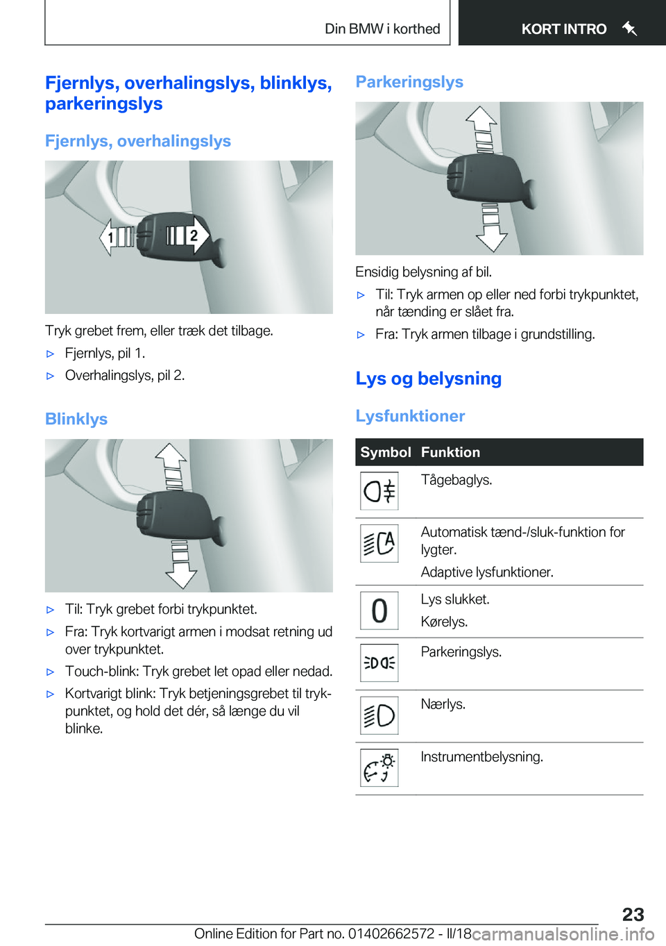 BMW M2 2018  InstruktionsbØger (in Danish) �F�j�e�r�n�l�y�s�,��o�v�e�r�h�a�l�i�n�g�s�l�y�s�,��b�l�i�n�k�l�y�s�,
�p�a�r�k�e�r�i�n�g�s�l�y�s
�F�j�e�r�n�l�y�s�,��o�v�e�r�h�a�l�i�n�g�s�l�y�s
�T�r�y�k� �g�r�e�b�e�t� �f�r�e�m�,� �e�l�l�e�r� �t�r�