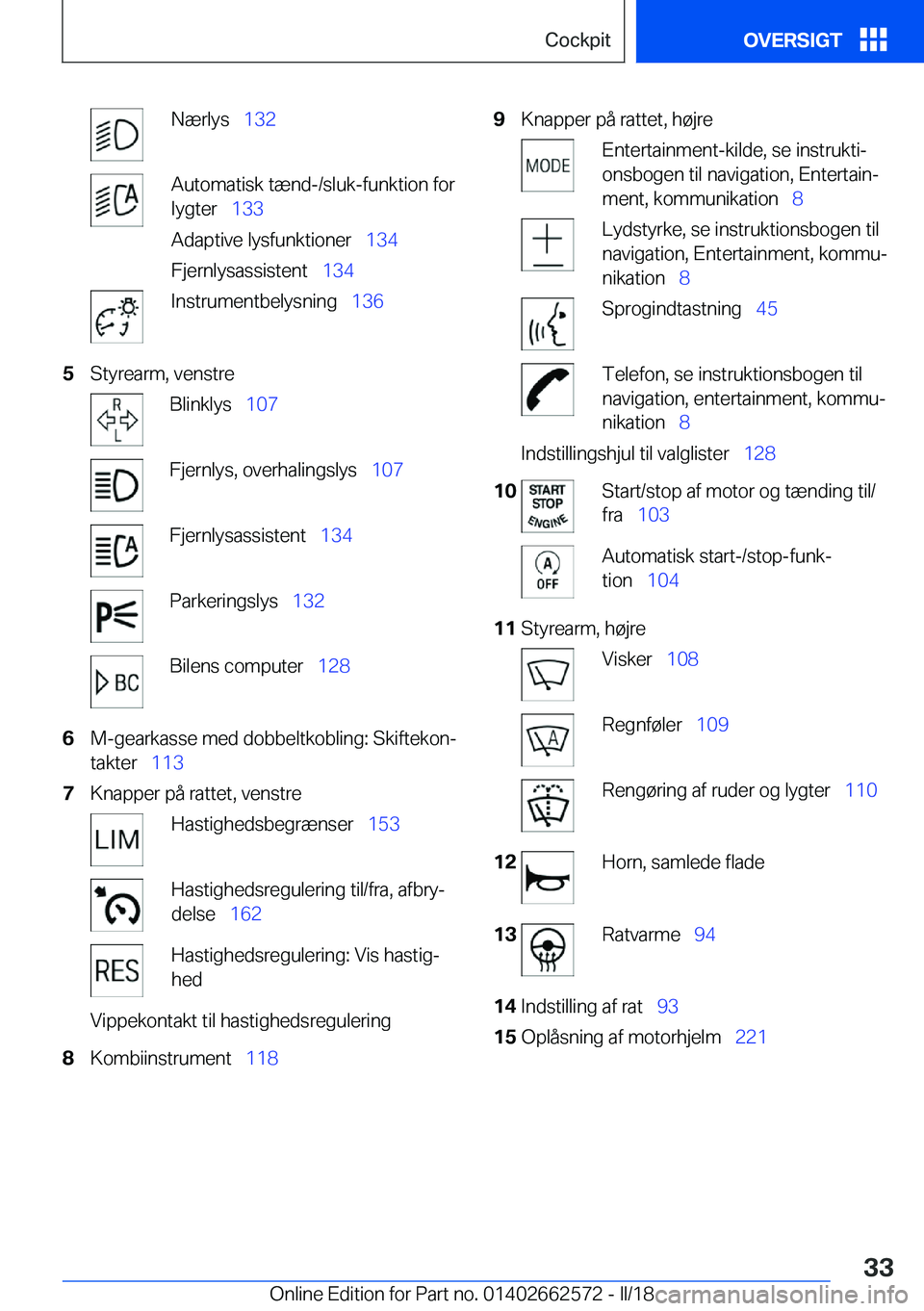 BMW M2 2018  InstruktionsbØger (in Danish) �N�æ�r�l�y�s\_�1�3�2�A�u�t�o�m�a�t�i�s�k� �t�æ�n�d�-�/�s�l�u�k�-�f�u�n�k�t�i�o�n� �f�o�r
�l�y�g�t�e�r\_ �1�3�3
�A�d�a�p�t�i�v�e� �l�y�s�f�u�n�k�t�i�o�n�e�r\_ �1�3�4
�F�j�e�r�n�l�y�s�a�s�s�i�s�