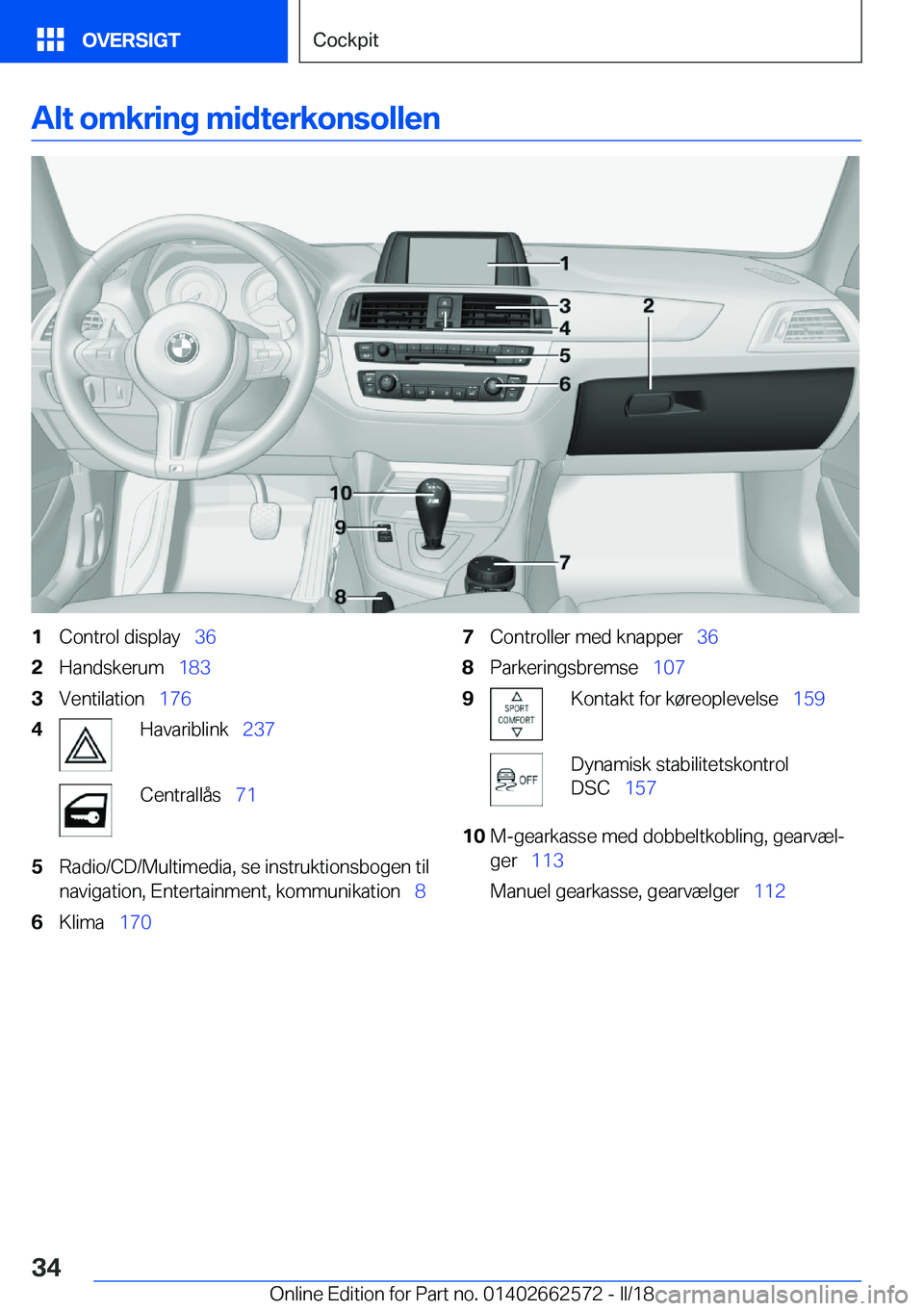 BMW M2 2018  InstruktionsbØger (in Danish) �A�l�t��o�m�k�r�i�n�g��m�i�d�t�e�r�k�o�n�s�o�l�l�e�n�1�C�o�n�t�r�o�l� �d�i�s�p�l�a�y\_�3�6�2�H�a�n�d�s�k�e�r�u�m\_�1�8�3�3�V�e�n�t�i�l�a�t�i�o�n\_�1�7�6�4�H�a�v�a�r�i�b�l�i�n�k\_ �2�3�7�C�e�