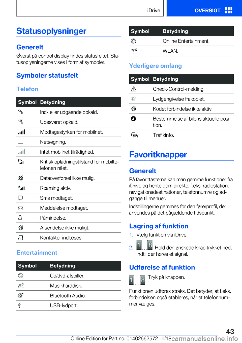 BMW M2 2018  InstruktionsbØger (in Danish) �S�t�a�t�u�s�o�p�l�y�s�n�i�n�g�e�r
�G�e�n�e�r�e�l�t
�