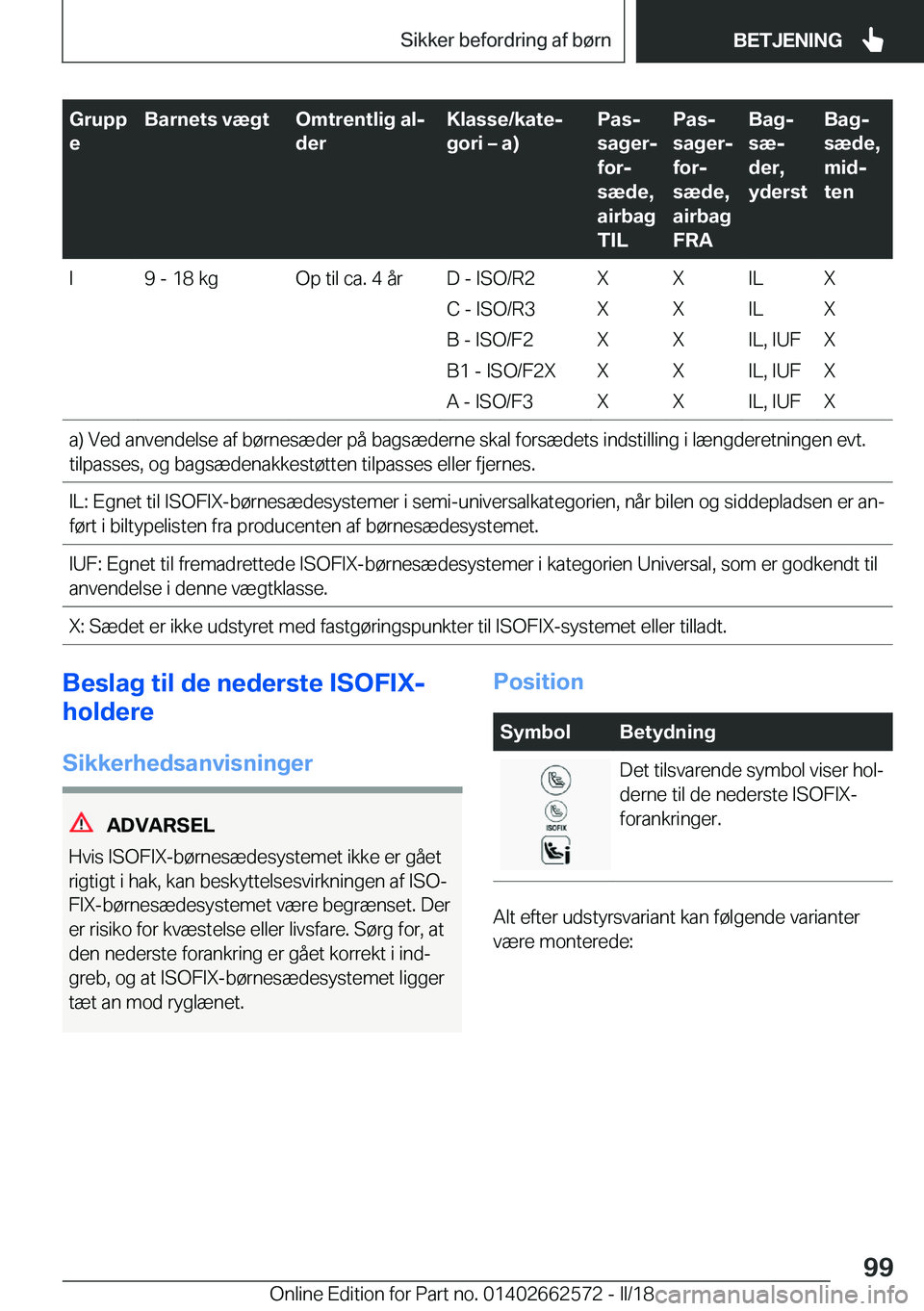 BMW M2 2018  InstruktionsbØger (in Danish) �G�r�u�p�p
�e�B�a�r�n�e�t�s��v�æ�g�t�O�m�t�r�e�n�t�l�i�g��a�lj
�d�e�r�K�l�a�s�s�e�/�k�a�t�ej
�g�o�r�i�m��a�
�P�a�sj
�s�a�g�e�rj
�f�o�rj
�s�æ�d�e�,
�a�i�r�b�a�g
�T�I�L�P�a�sj
�s�a�g�e�rj
