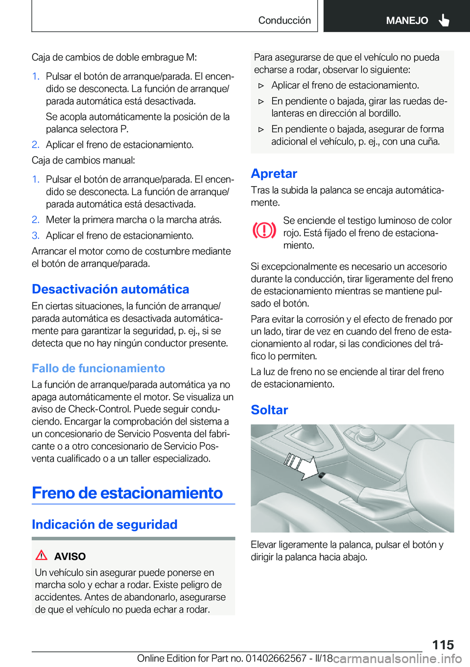 BMW M2 2018  Manuales de Empleo (in Spanish) �C�a�j�a� �d�e� �c�a�m�b�i�o�s� �d�e� �d�o�b�l�e� �e�m�b�r�a�g�u�e� �M�:�1�.�P�u�l�s�a�r� �e�l� �b�o�t�