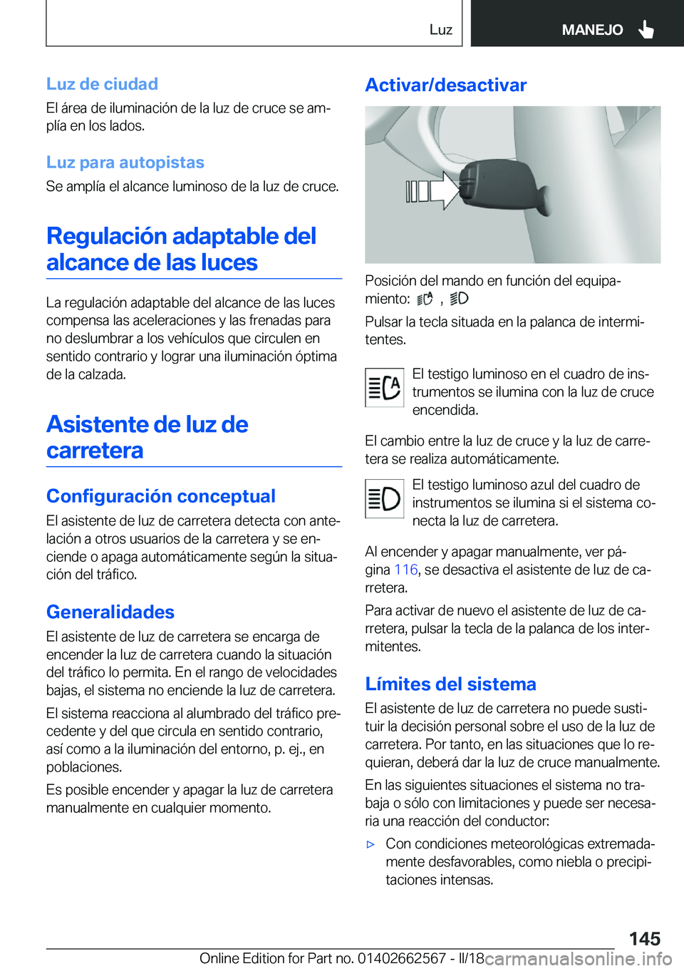 BMW M2 2018  Manuales de Empleo (in Spanish) �L�u�z��d�e��c�i�u�d�a�d�E�l� �