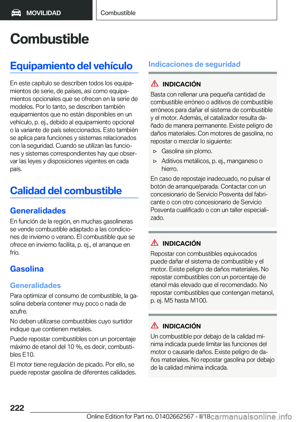 BMW M2 2018  Manuales de Empleo (in Spanish) �C�o�m�b�u�s�t�i�b�l�e�E�q�u�i�p�a�m�i�e�n�t�o��d�e�l��v�e�h�