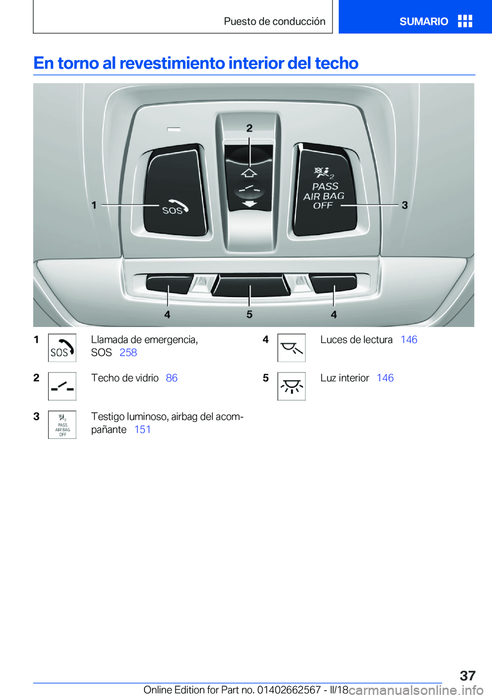 BMW M2 2018  Manuales de Empleo (in Spanish) �E�n��t�o�r�n�o��a�l��r�e�v�e�s�t�i�m�i�e�n�t�o��i�n�t�e�r�i�o�r��d�e�l��t�e�c�h�o�1�L�l�a�m�a�d�a� �d�e� �e�m�e�r�g�e�n�c�i�a�,
�S�O�S\_ �2�5�8�2�T�e�c�h�o� �d�e� �v�i�d�r�i�o\_ �8�6�3�T�e�