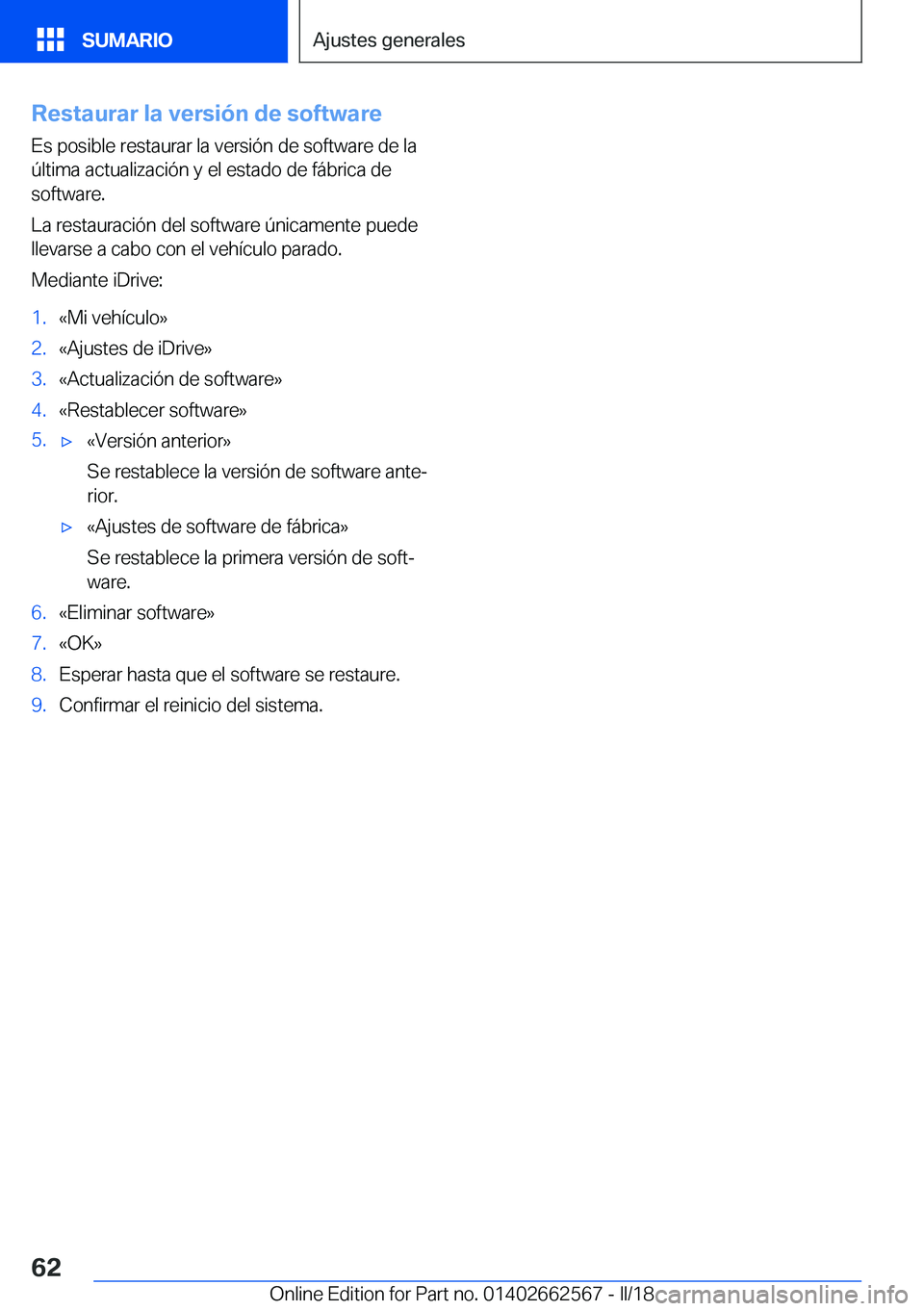 BMW M2 2018  Manuales de Empleo (in Spanish) �R�e�s�t�a�u�r�a�r��l�a��v�e�r�s�i�