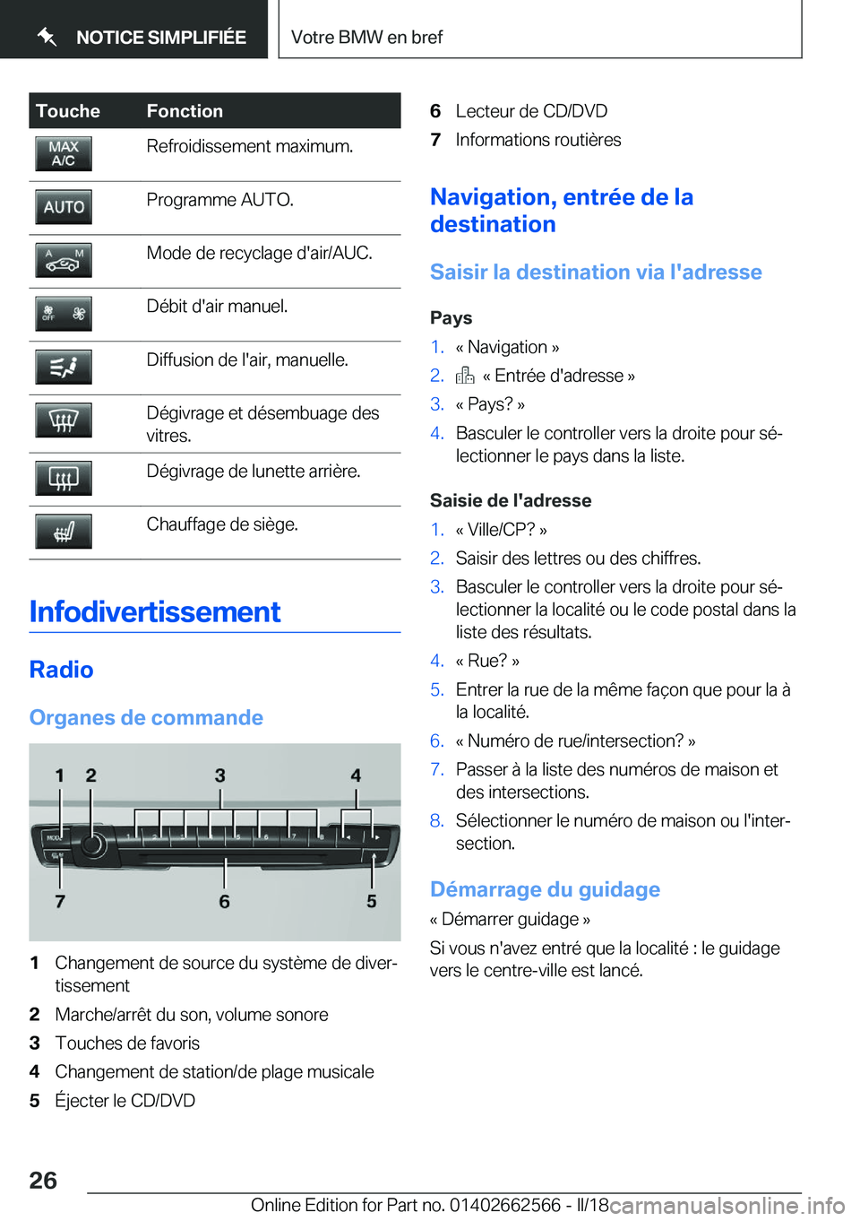 BMW M2 2018  Notices Demploi (in French) �T�o�u�c�h�e�F�o�n�c�t�i�o�n�R�e�f�r�o�i�d�i�s�s�e�m�e�n�t� �m�a�x�i�m�u�m�.�P�r�o�g�r�a�m�m�e� �A�U�T�O�.�M�o�d�e� �d�e� �r�e�c�y�c�l�a�g�e� �d�'�a�i�r�/�A�U�C�.�D�é�b�i�t� �d�'�a�i�r� �m�a�