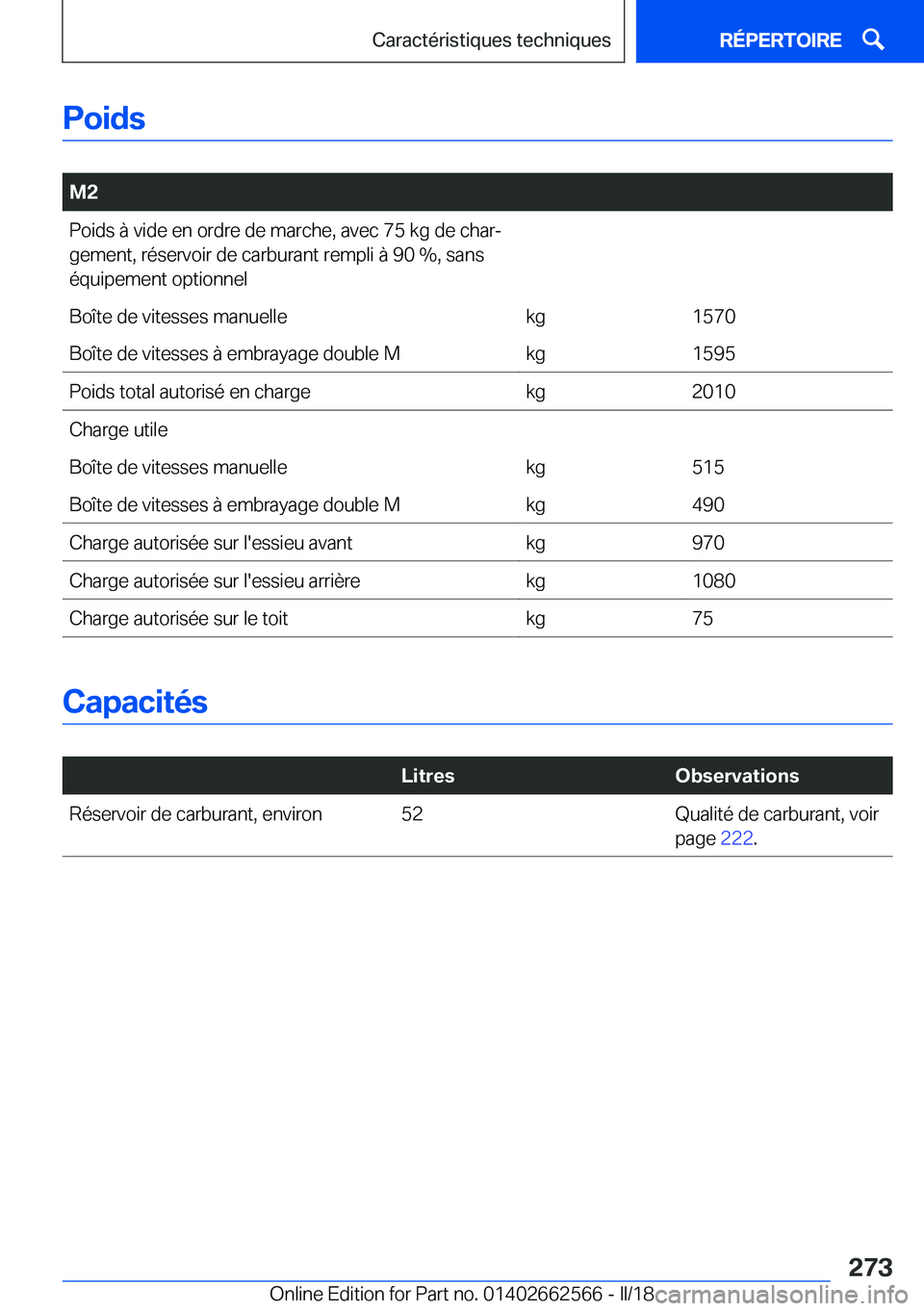 BMW M2 2018  Notices Demploi (in French) �P�o�i�d�s
� 
�M�2�P�o�i�d�s� �