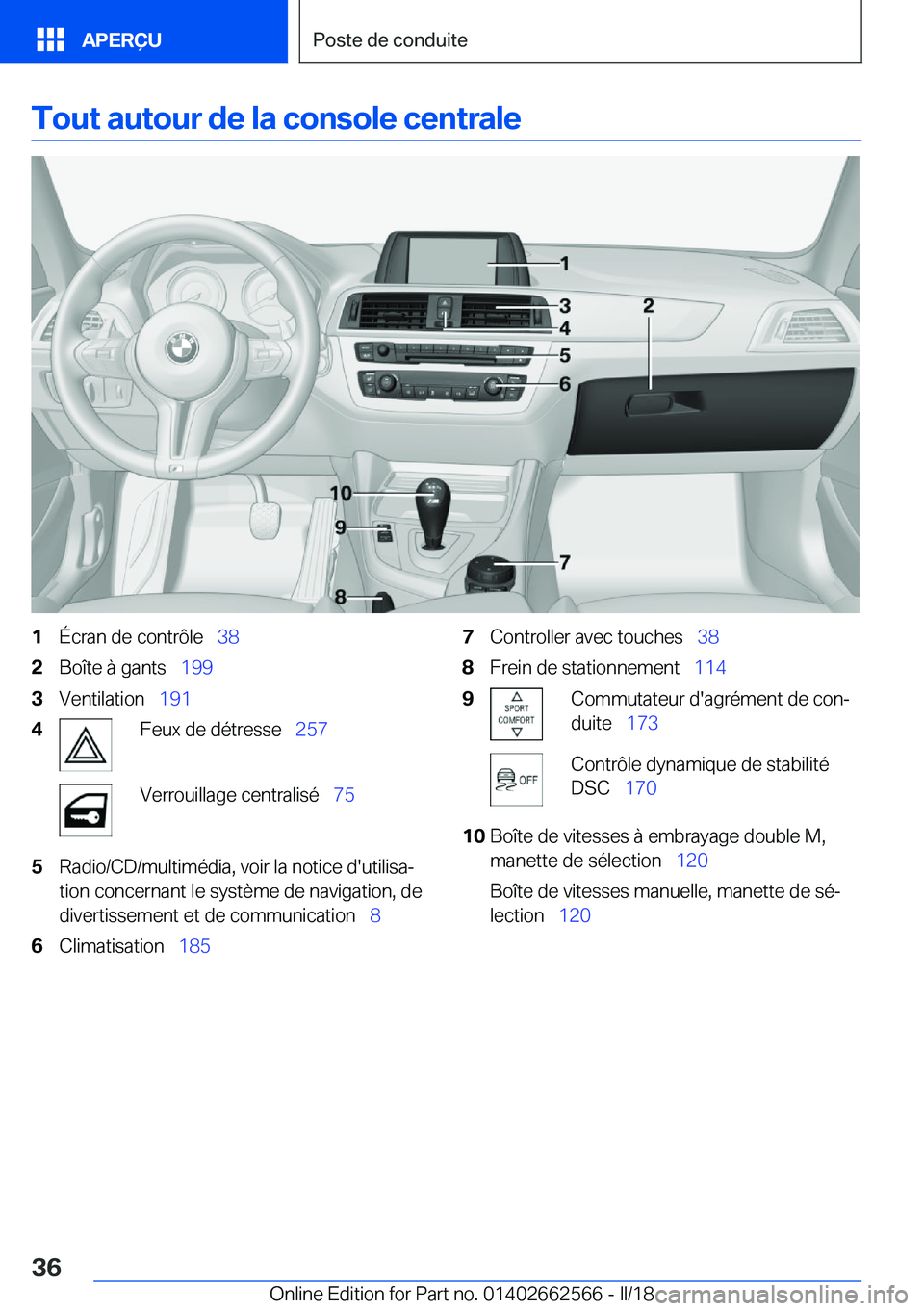 BMW M2 2018  Notices Demploi (in French) �T�o�u�t��a�u�t�o�u�r��d�e��l�a��c�o�n�s�o�l�e��c�e�n�t�r�a�l�e�1�