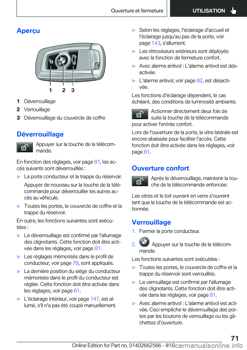 BMW M2 2018  Notices Demploi (in French) �A�p�e�r�ç�u�1�D�é�v�e�r�r�o�u�i�l�l�a�g�e�2�V�e�r�r�o�u�i�l�l�a�g�e�3�D�é�v�e�r�r�o�u�i�l�l�a�g�e� �d�u� �c�o�u�v�e�r�c�l�e� �d�e� �c�o�f�f�r�e
�D�é�v�e�r�r�o�u�i�l�l�a�g�e�A�p�p�u�y�e�r� �s�u�r�