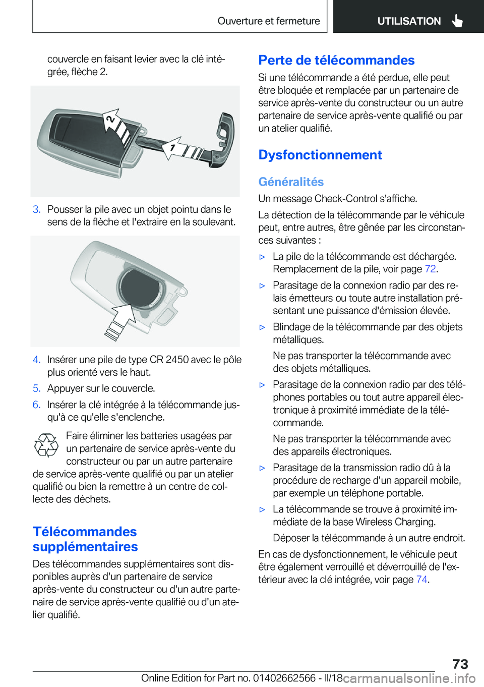 BMW M2 2018  Notices Demploi (in French) �c�o�u�v�e�r�c�l�e� �e�n� �f�a�i�s�a�n�t� �l�e�v�i�e�r� �a�v�e�c� �l�a� �c�l�é� �i�n�t�éj�g�r�é�e�,� �f�l�è�c�h�e� �2�.�3�.�P�o�u�s�s�e�r� �l�a� �p�i�l�e� �a�v�e�c� �u�n� �o�b�j�e�t� �p�o�i�n�t�u