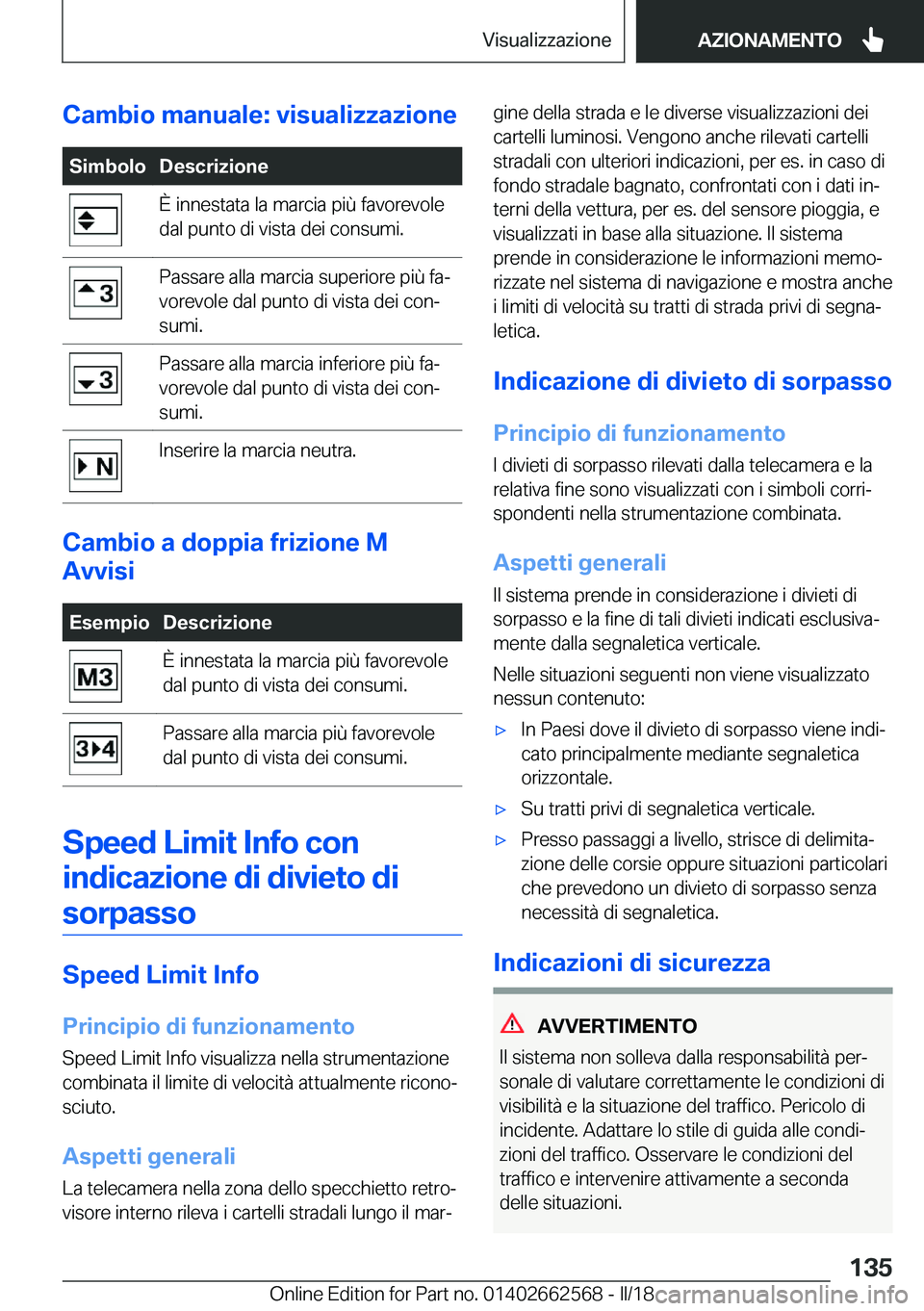 BMW M2 2018  Libretti Di Uso E manutenzione (in Italian) �C�a�m�b�i�o��m�a�n�u�a�l�e�:��v�i�s�u�a�l�i�z�z�a�z�i�o�n�e�S�i�m�b�o�l�o�D�e�s�c�r�i�z�i�o�n�e�