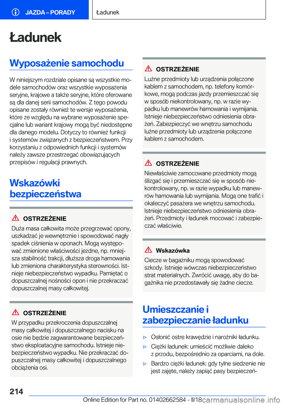 BMW M2 2018  Instrukcja obsługi (in Polish) �Ł�a�d�u�n�e�k�W�y�p�o�s�a9�e�n�i�e��s�a�m�o�c�h�o�d�u
�W� �n�i�n�i�e�j�s�z�y�m� �r�o�z�d�z�i�a�l�e� �o�p�i�s�a�n�e� �s�