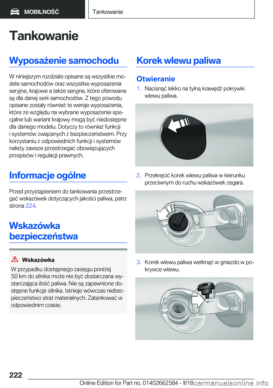BMW M2 2018  Instrukcja obsługi (in Polish) �T�a�n�k�o�w�a�n�i�e�W�y�p�o�s�a9�e�n�i�e��s�a�m�o�c�h�o�d�u
�W� �n�i�n�i�e�j�s�z�y�m� �r�o�z�d�z�i�a�l�e� �o�p�i�s�a�n�e� �s�